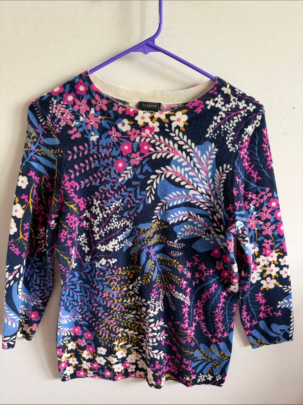 Talbots Cashmere Navy Floral 3/4 Sleeve Sweater with Pink, Blue & Cream Accents